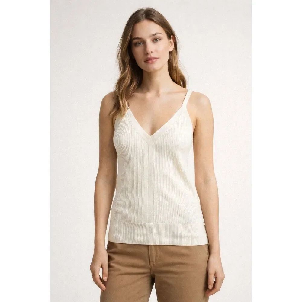 Mango Basics Ribbed V Neck Cami Tank Top Cream XS Stretch
